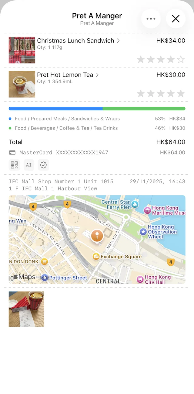 Receipt capture showing Pret receipt extraction